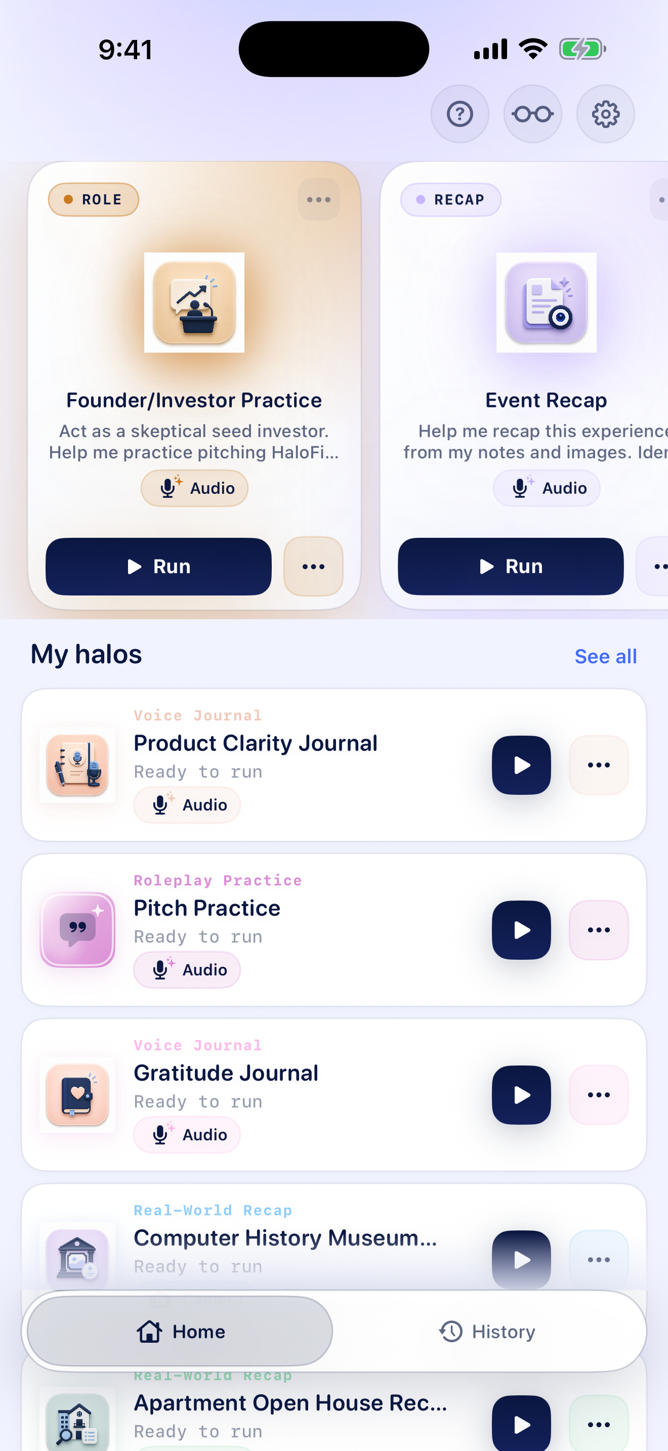 HaloField home screen showing multiple halos