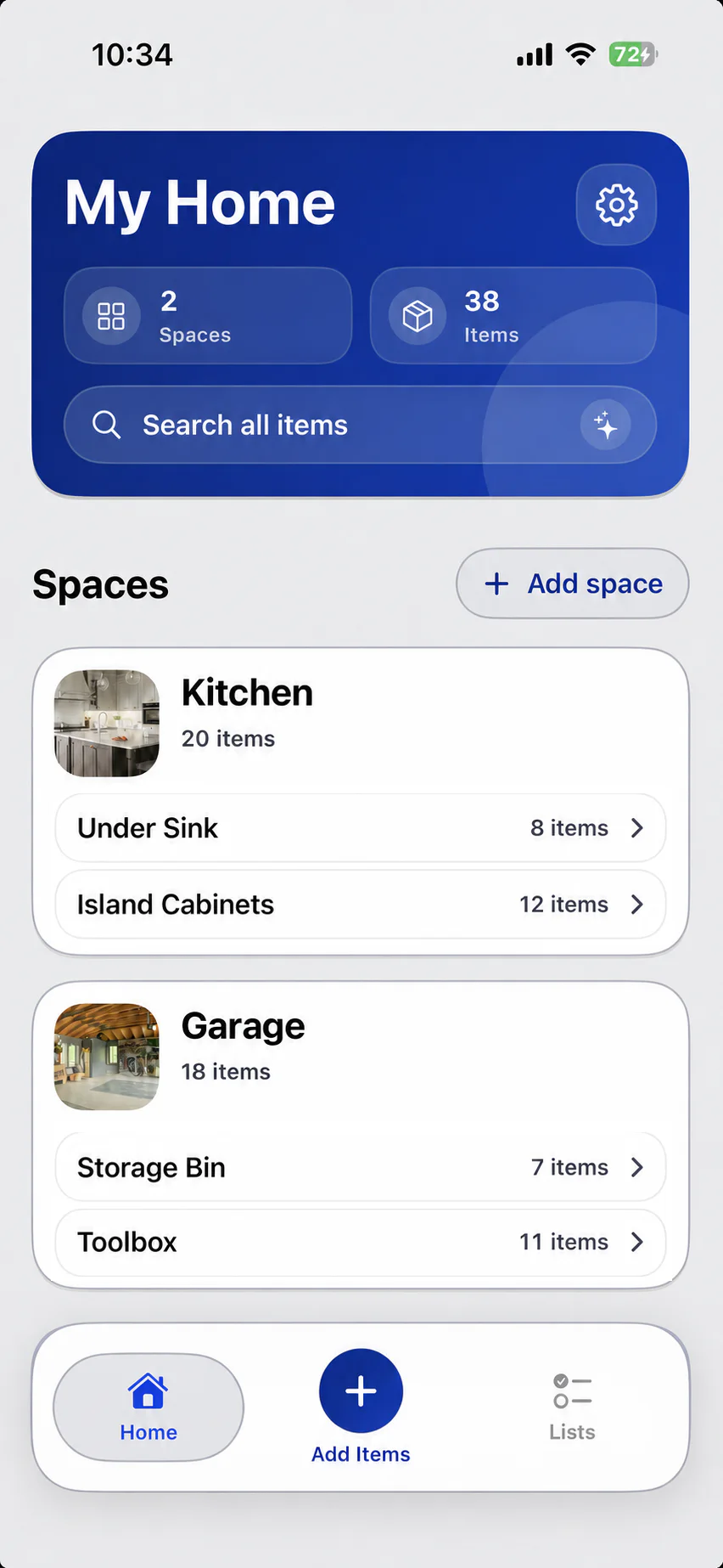 HomeMemory overview showing belongings organized in Kitchen and Garage spaces