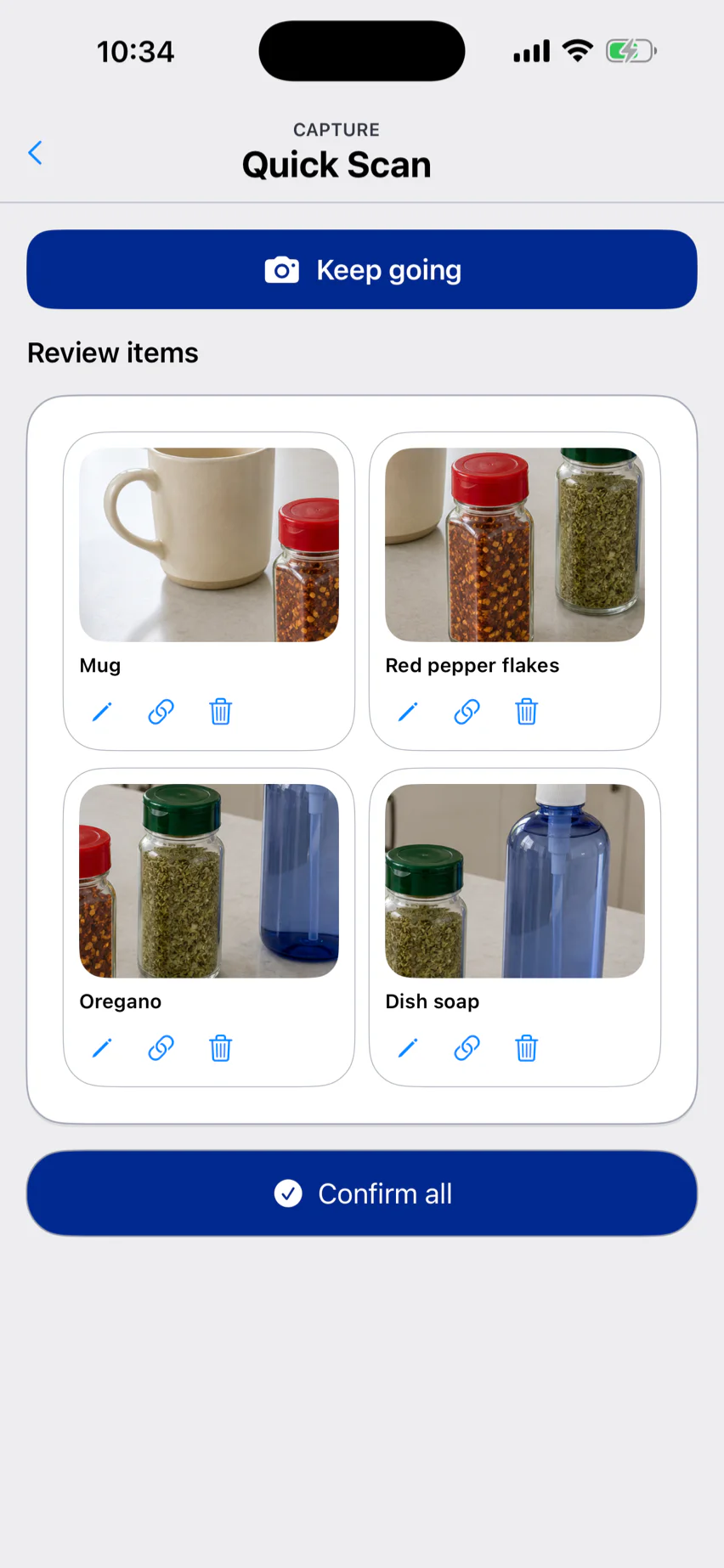HomeMemory review screen with editable item suggestions